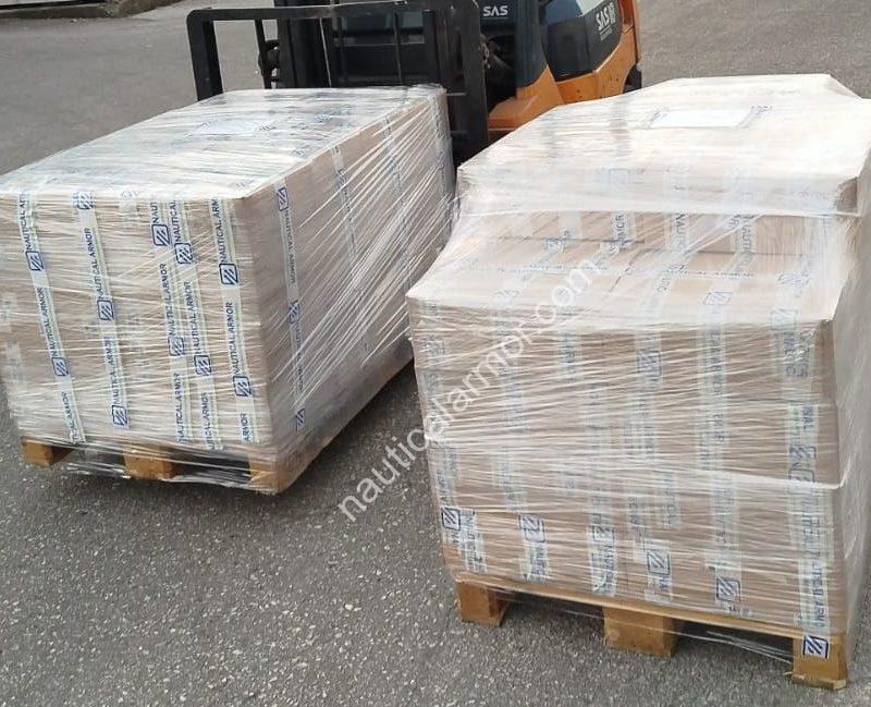 Nautical Armor two wrapped pallets of boxed sacrificial anodes staged for dispatch.