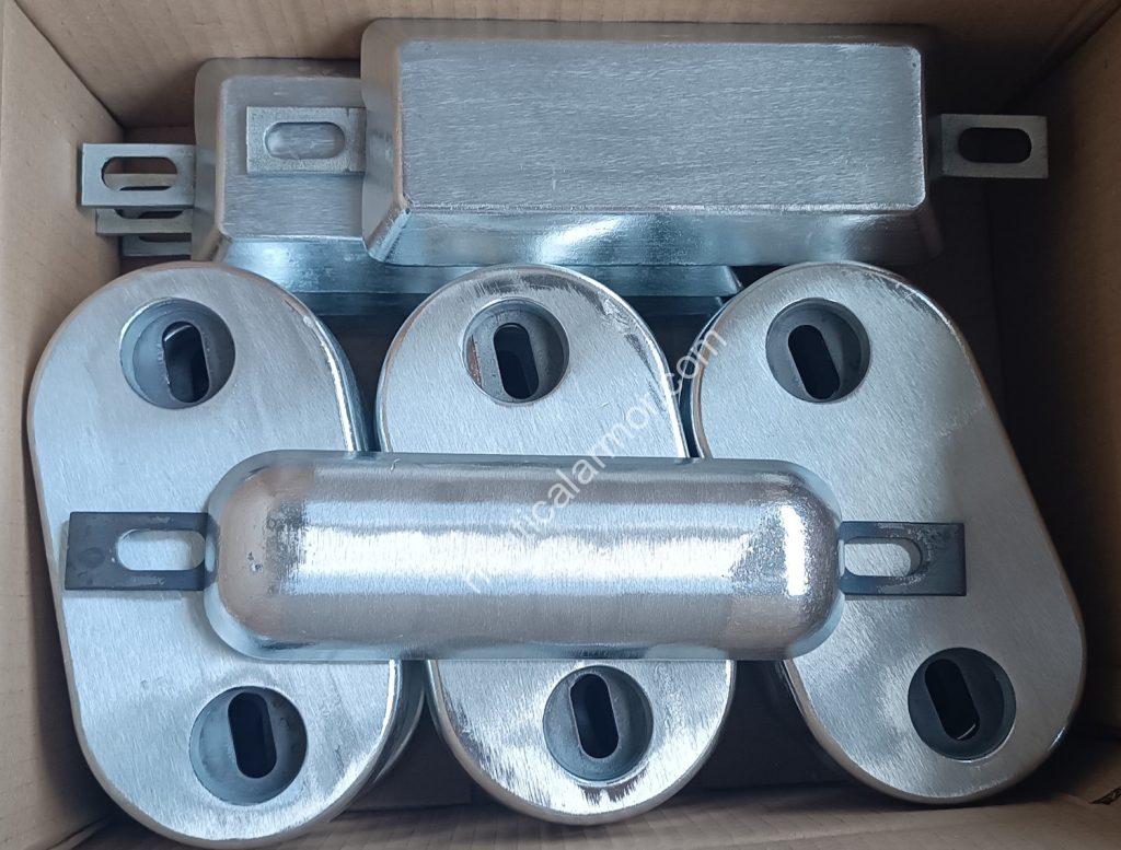Nautical Armor box with mixed sacrificial anodes including weld-on, and bolt-on models arranged for shipment.