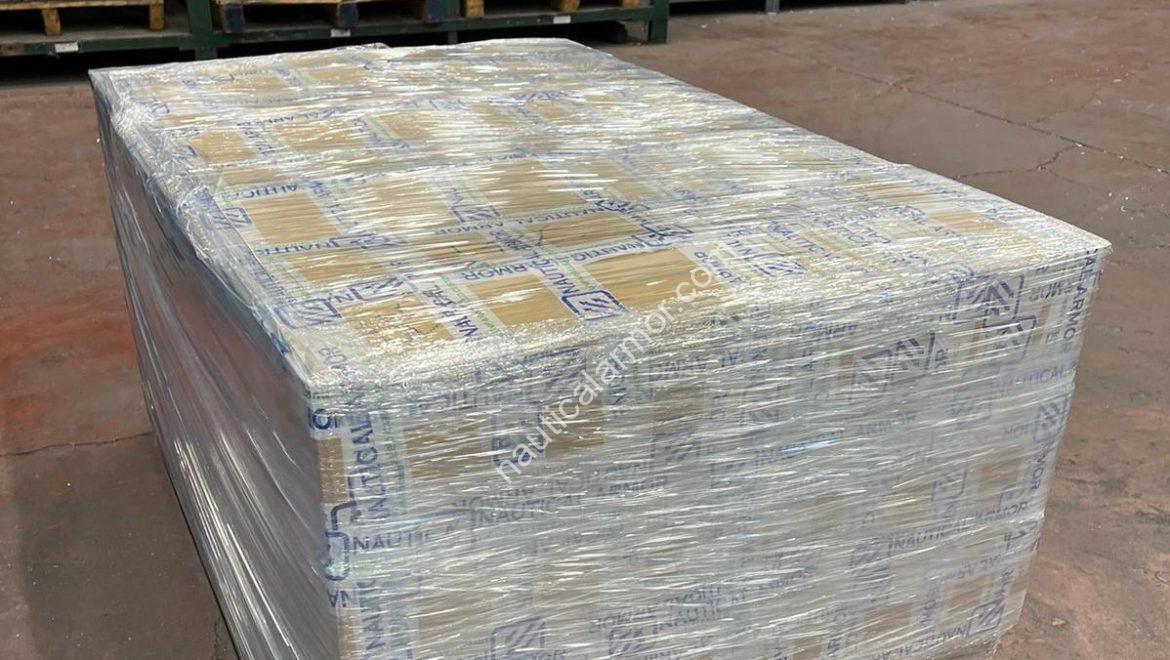 Wrapped Nautical Armor pallet of boxed sacrificial anodes prepared for shipment inside the warehouse.