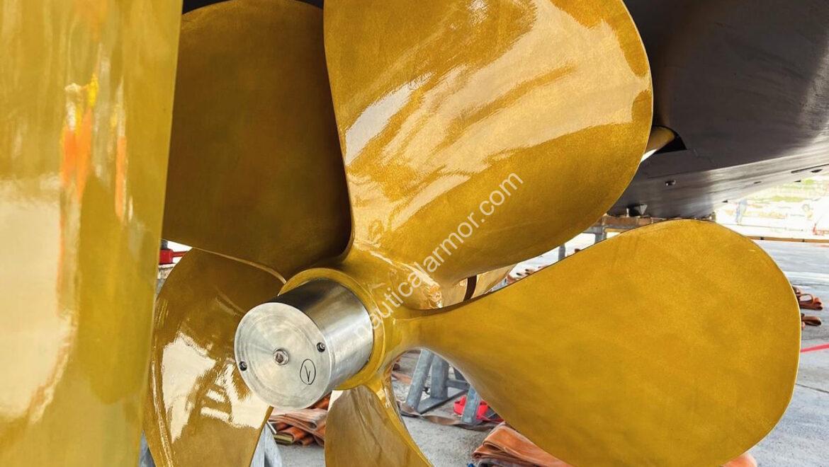 Nautical Armor custom propeller anode set installed on a superyacht propeller in dry dock.
