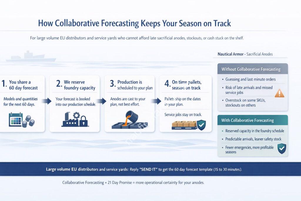 Nautical Armor infographic showing Collaborative Forecasting steps from 60-day forecast to on-time pallets for EU distributors and service yards.