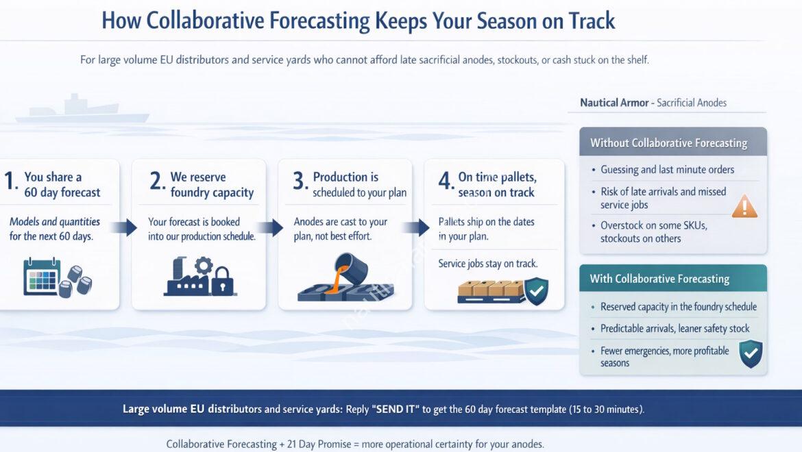 Nautical Armor infographic showing Collaborative Forecasting steps from 60-day forecast to on-time pallets for EU distributors and service yards.