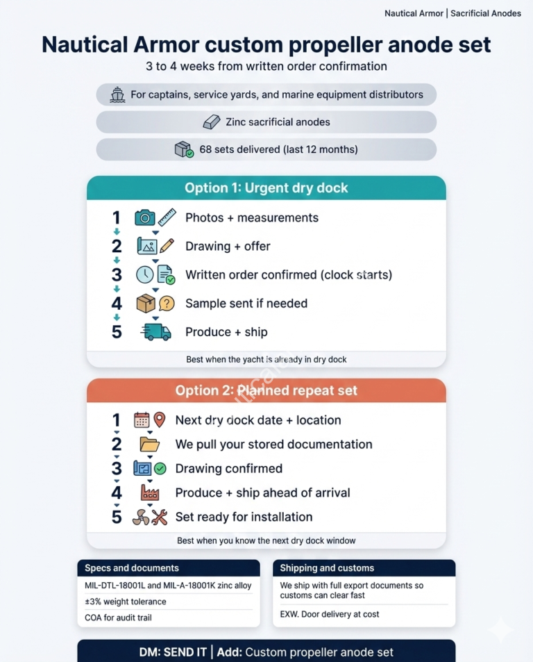 Nautical Armor infographic showing the workflow for custom propeller anode sets, including steps from photos and measurements to production and shipping.