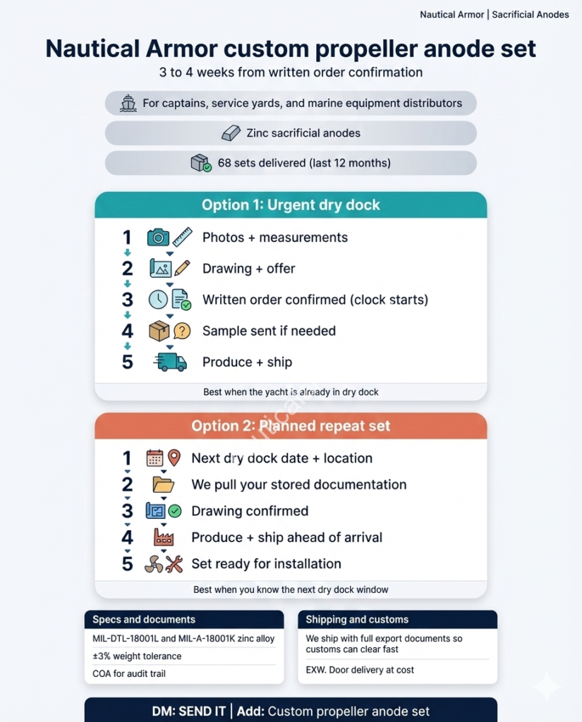 Nautical Armor infographic showing the workflow for custom propeller anode sets, including steps from photos and measurements to production and shipping.