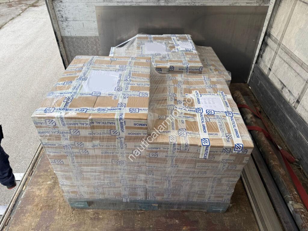Nautical Armor pallets of boxed sacrificial anodes loaded on a truck and ready for shipment.