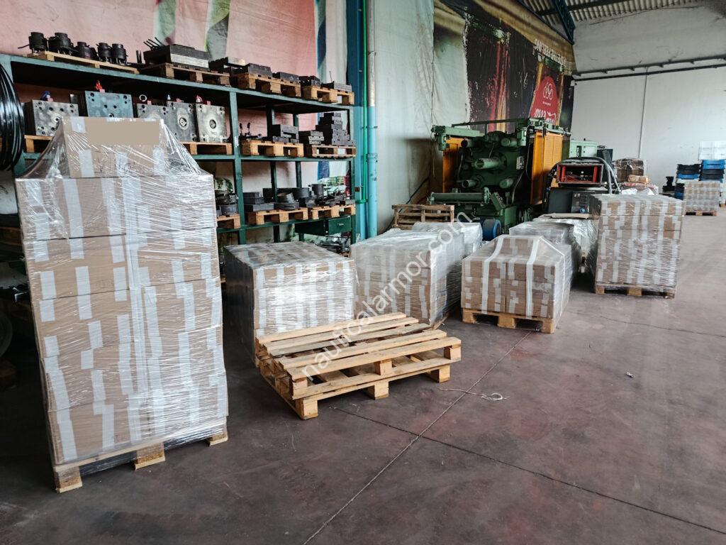 Nine pallets of Nautical Armor sacrificial anodes wrapped and prepared for dispatch inside the foundry
