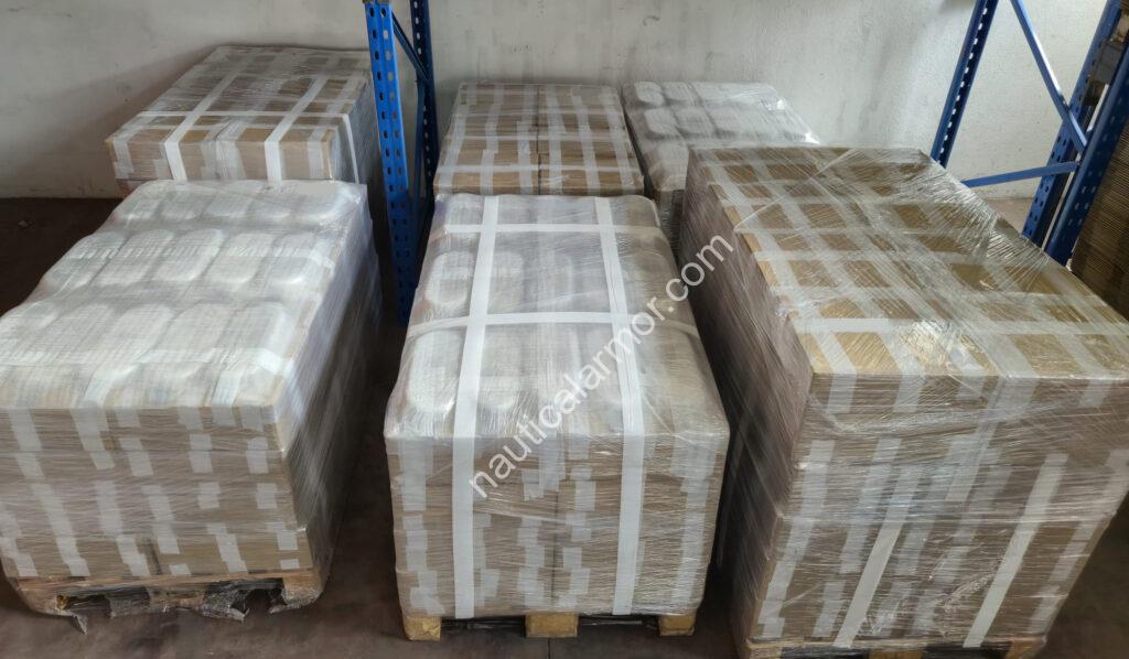 Six pallets of Nautical Armor sacrificial anodes prepared for dispatch to a European distributor.