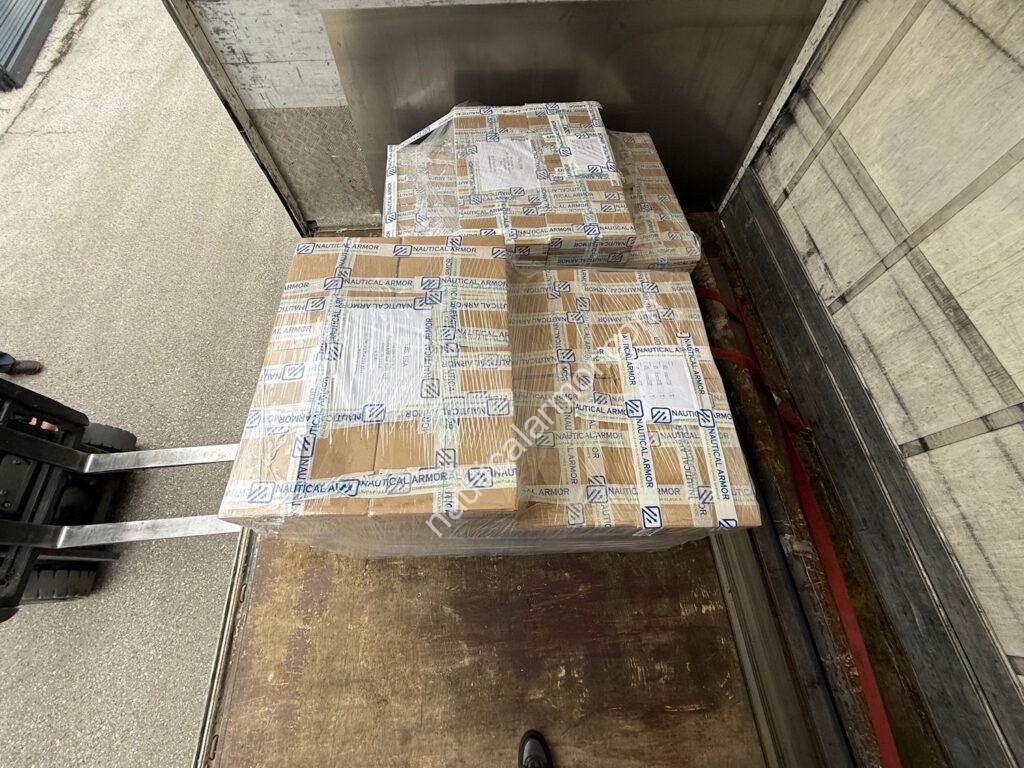 Nautical Armor pallets of boxed sacrificial anodes loaded on a truck and ready for dispatch.