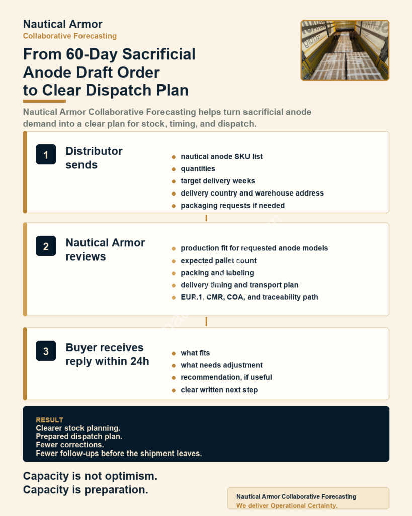 Infographic showing the Nautical Armor Collaborative Forecasting process: distributor sends nautical anode SKU list, quantities, delivery weeks, warehouse address, and packaging requests; Nautical Armor reviews production fit, pallet count, packing, documents, transport, and traceability; buyer receives reply within 24 hours.