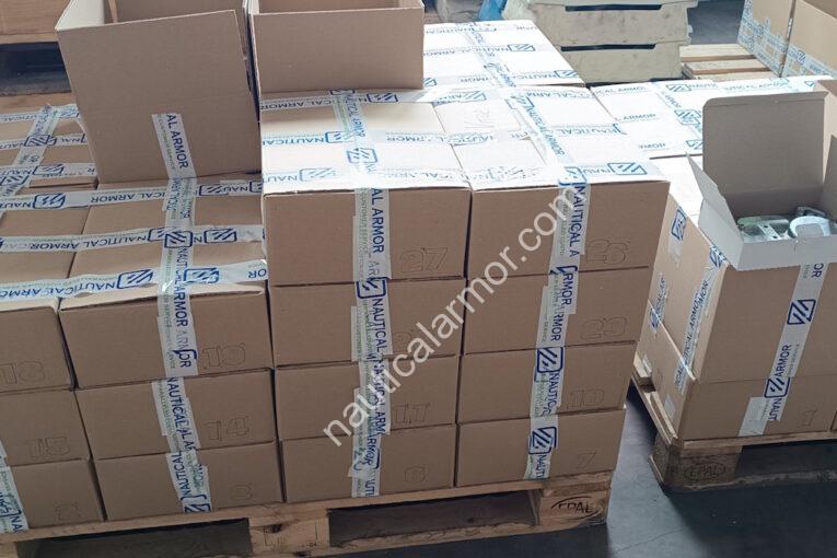 Wrapped Nautical Armor pallet with boxed sacrificial anodes prepared for dispatch.