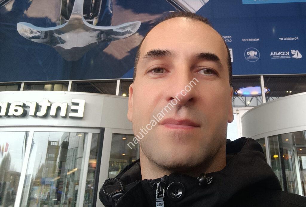 Gvapo Tripinović, Founder of Nautical Armor, at METS Amsterdam in a marine industry setting.