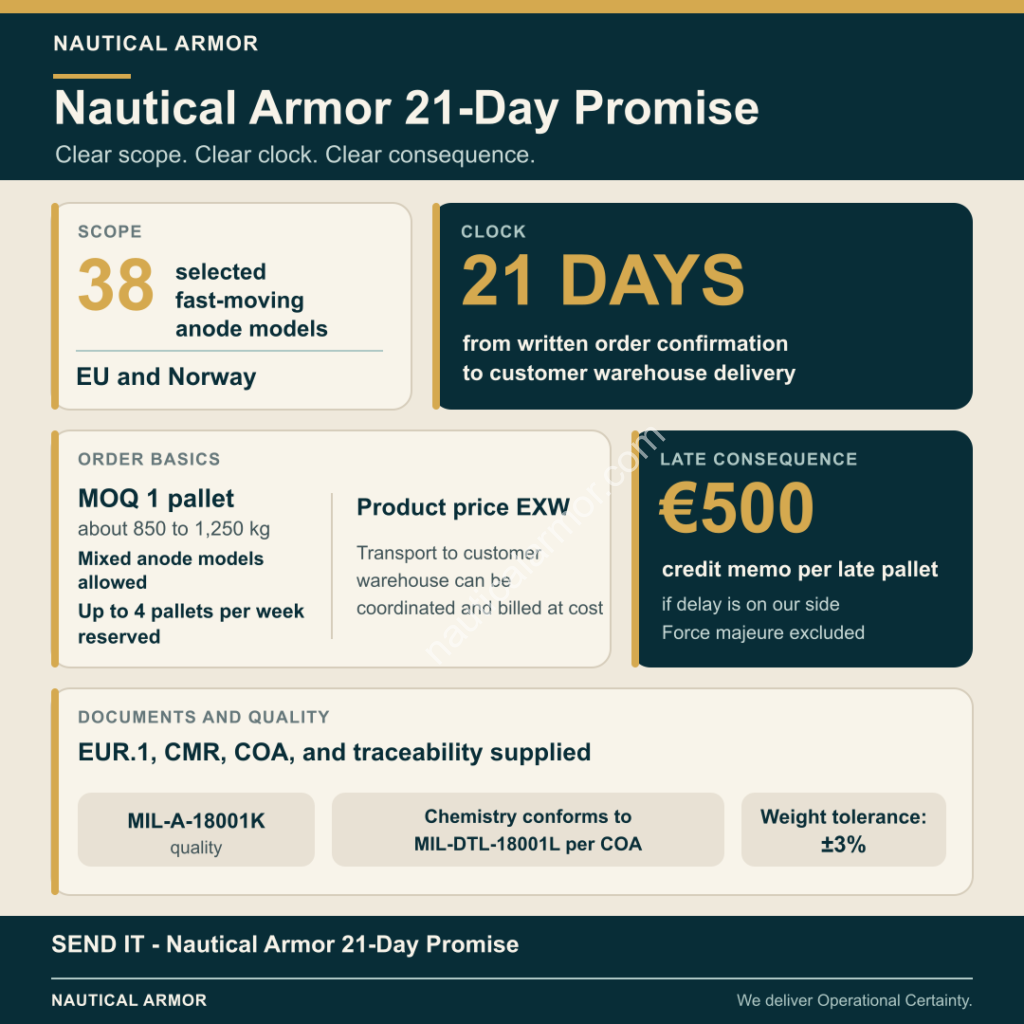 Nautical Armor 21-Day Promise infographic showing scope, delivery clock, MOQ, reserved capacity, documents, quality checks, traceability, and late-pallet credit.