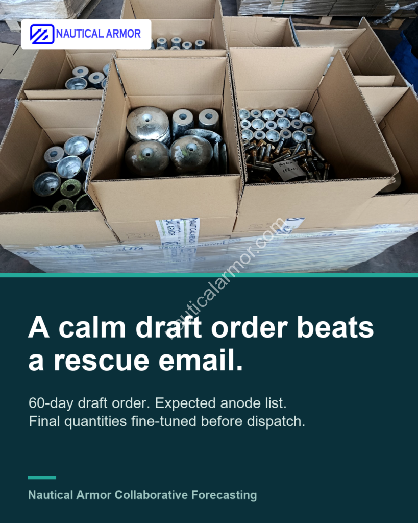 Nautical Armor visual explaining that calm weeks decide busy weeks in sacrificial anode supply planning.